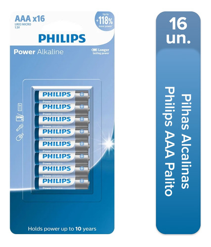 Pilha Palito Aaa Alcalina Comum 3a Philips Bateria Kit C/16