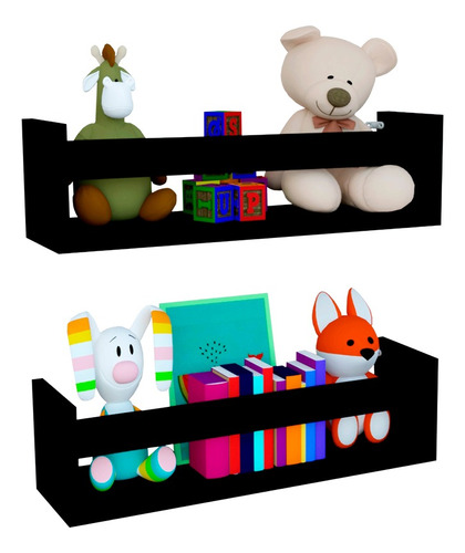 Kit 2 Prateleira 70cm Preto Livro Revista Infantil Parede