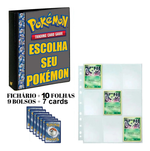 Fichário Pasta Álbum Pokemon + 10 Folhas + 6 Cartas