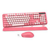 Combo Teclado Y Mouse Inalámbricos: Teclado Retro Rosa Con