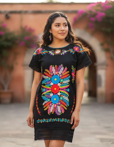Atractivo Vestido Artesanal Encaje Bordado Moda Casual Dama