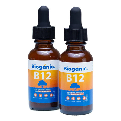 Bioganic 2 Duo Vitamina B12 Líquida Sublingual, Vegana, sin Azucar, Sin Gluten, Sabor Naranja Mandarina, 240 Porciones en Total, 120 Porciones por Envase de 30 mL Cada Uno, Rinde Hasta 8 Meses | Meses sin interés