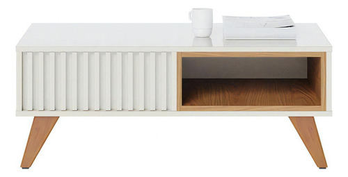 Mesa De Centro Retrô Retangular jeri madeira Para Sala Estar Cor Off White/freij