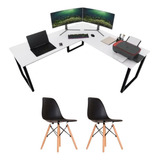 Mesa Em L Home Office C/ 2 Cadeiras Eames Para Escritório