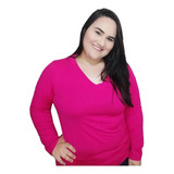 Blusa Camiseta Basica Feminina Plus Size Manga Longa Até G4