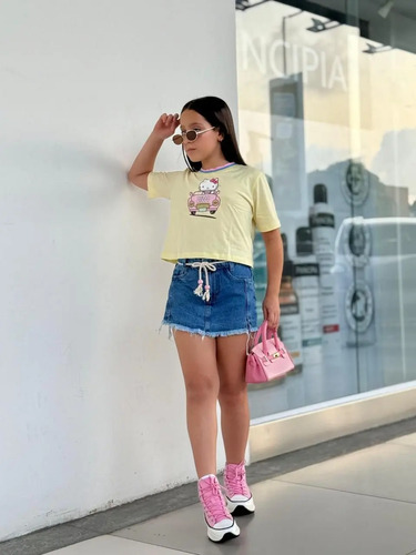 Conjunto Menina Hello Kitty Juvenil Blusa E Short Saia Jeans