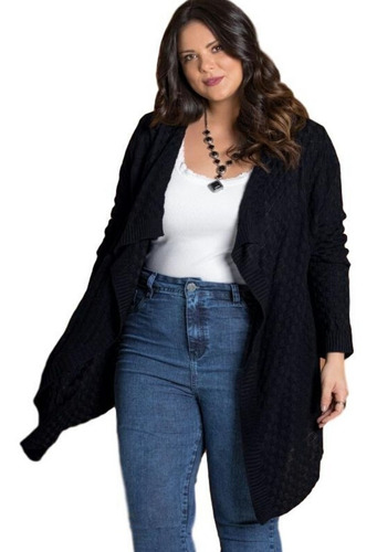 Cardigan Casaco Assimétrico Plus Size Tricot Preto