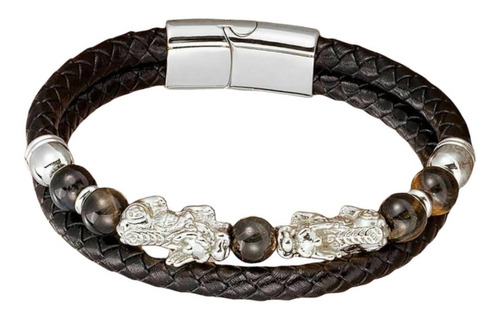 Pulsera De Dragones Y Piedras De Cuero Negro De Hombre 21cm.