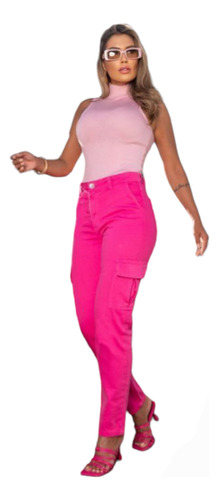 Calça Skinny Rosa  Cargo Com Lycra Feminina Revanche Jeans 