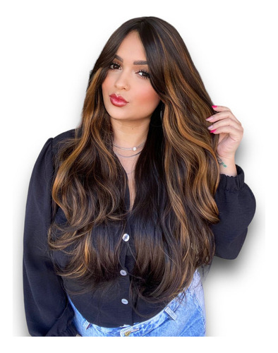 Lace Wig Fibra Premium Ondulada Identica Ao Cabelo Humano Tamanho Da Base Regulável Tonalidade Mechas