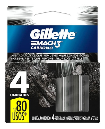 Gillette Mach3 Carbono Repuestos Para Afeitar 4 Piezas