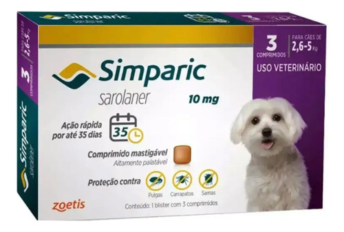 Simparic 10mg 2,6 A 5kg Antipulgas C/3 Comprimidos Cachorros