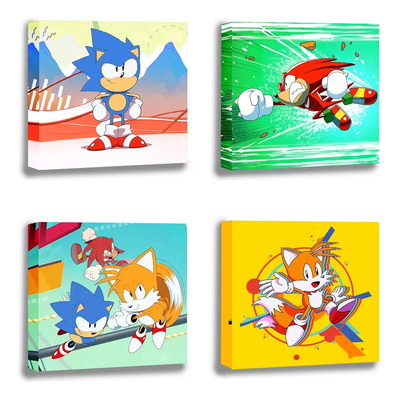 Sonic Infantil 4pzas Cuadro Decorativo Videojuegos Multicolor Colores
