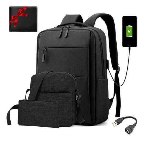  Mochila Escolar Para Hombre Y Mujer Mochila  Multifuncional  Impermeable Laptop Con Cargador Usb Y Cartera , 4pcs