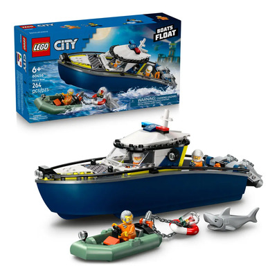LEGO® City Persecución en Barco de Policía 60456; juguete para niño; con lancha y bote flotantes, 3 minifiguras y figura de un tiburón; 6+ | Meses sin interés