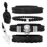 Look Pulseiras De Couro E Bolinhas Caveira Skull Preto Cores