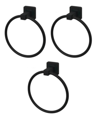 Kit 3 Suporte Porta Toalha Rosto Mãos Argola Preto Inox