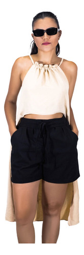 : Shorts Feminino De Linho Com Cintura Alta E Alfaiataria