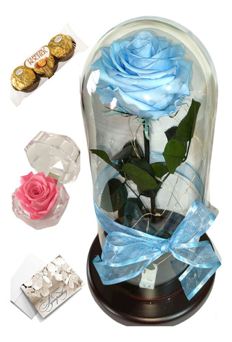 Rosa Preservada 100% Natural Azul Claro + Luz Led + Obsequio