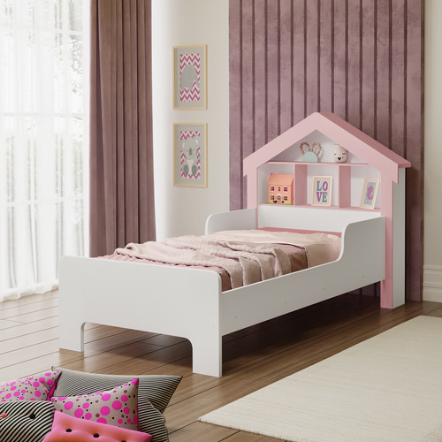 Cama Infantil Modelo Casinha Solteiro Branca/rosa + Colchão