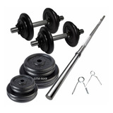 Set Barra 1.70 Mts Maciza + 2 Mancuernas + 40 Kg En Discos