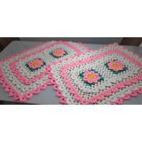 Tapete Crochê Artesanal Grande 98x67 Rosa/branco - 2 Peças 