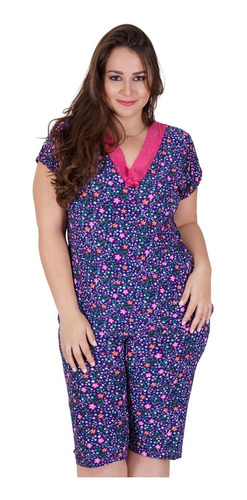 Pijama Pescador Senhora  Manga Bermuda L1177 Renda Plus Size