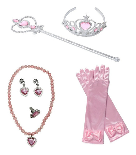 Kit Festa Princesa Aurora Varinha Colar Coroa Brinco Luvas Cor Rosa