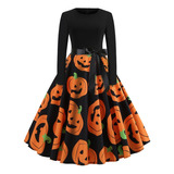 Vestido Elegantes Dama Con Estampado Calabaza De Halloween