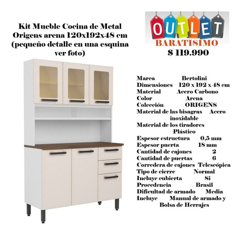Mueble Cocina Kit Triple 1.20 Mtr Origen Arena Con Detalle 