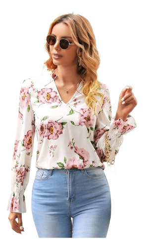 Blusa Dama Estampado Floral Manga Con Volante