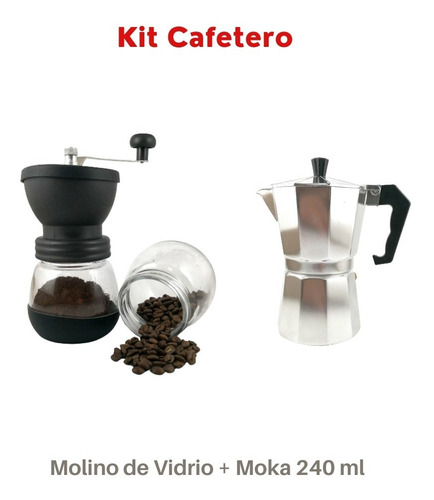 Kit Cafetero Molino Manual De Vidrio + Cafetera Moka 240ml