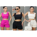 Conjunto Em Linho Cropped Detalhes Botões Shorts Com Cinto 