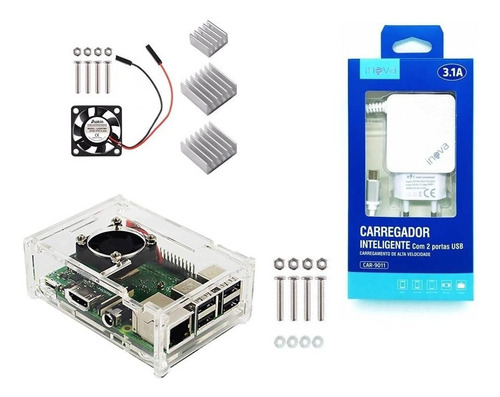 Case Para Raspberry Pi3(b) + Cooler + Dissipadores + Fonte