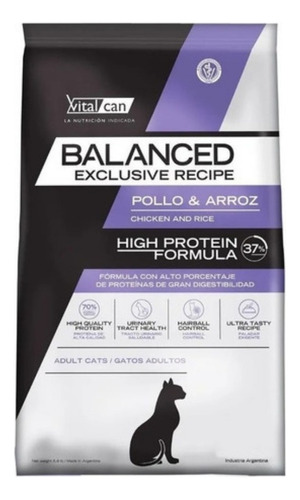 Alimento Vitalcan Balanced Exclusive Recipe High Protein Para Gato Adulto Sabor Pollo Y Arroz En Bolsa De 7.5 kg