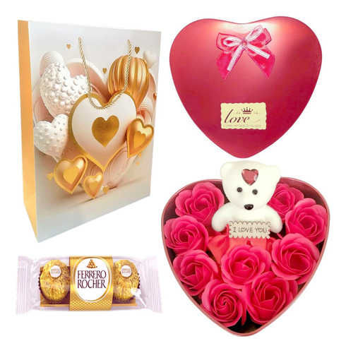 Caja Decorada Rosa Eterna Oso De Peluche Chocolates Bolsa