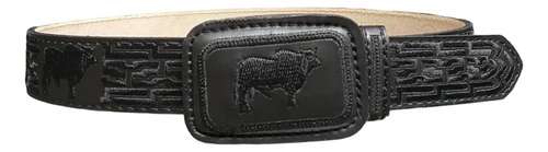 Cinto Vaquero Piel Negro Bordado Hilo Negro Hombre Cinturón