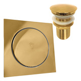 Ralo 15x15 Inox Dourado E Ralo Pia Banheiro Click 1 1/4 Kit