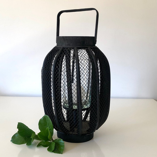 Farol Fanal Negro Madera Estilo Oriental Con Vaso Vela 37 Cm