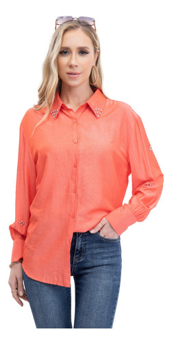 Blusa Camisa Elegante Manga Larga Con Botones Cuello V Lisa.