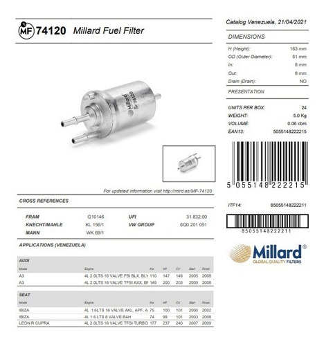 Filtro Gasolina Millard Mf-74120 Seat Ibiza Audi A3 0508 Foto 5