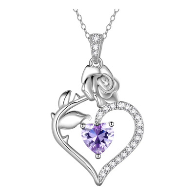 Collar Cadena De Plata 925 Con Dije De Corazón Para Mujer Color Orquídea-junio
