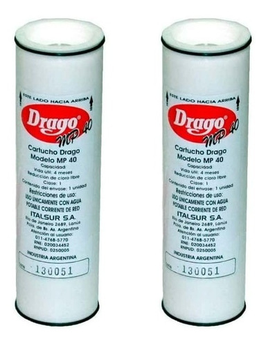 2 Unidades Cartucho Filtro Repuesto Purificador Agua Drago +