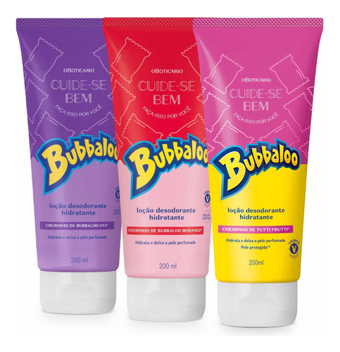 Kit Com 3 Bubbaloo Hidratante = Uva + Tutti Fruti + Morango