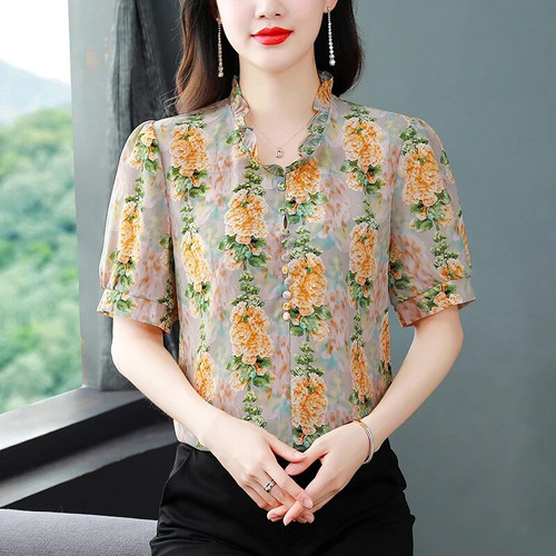 Camisa Floral Com Manga Lanterna, Blusa De Chiffon De Seda,