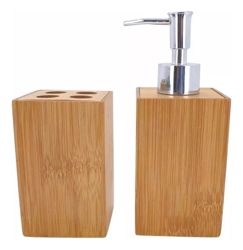 Porta Sabonete Liquido Dispenser + Porta Escova Em Bambu