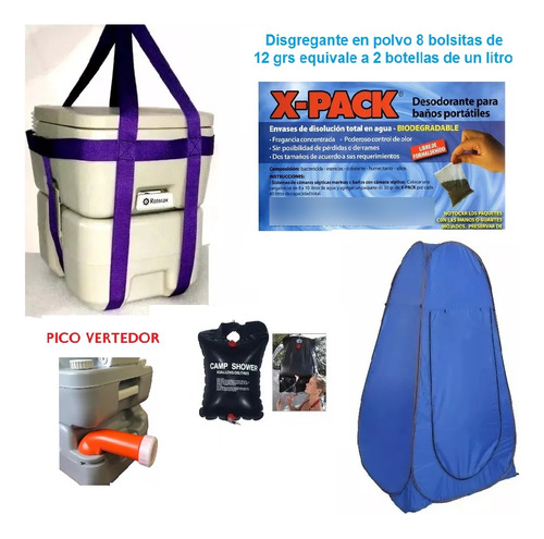 Inodoro Quimico 20l + 8 Disg Arnes + Carpa + Ducha Solar