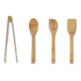 Set X4 Utensilios Madera Espatula Cuchara Pinza Cocina 30 Cm