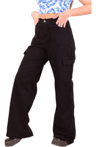 Jean Wide Leg Cargo Negro Rigido Super Cargo 6 Bolsillos