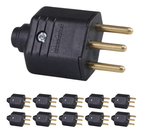 10 Tomada Plugue Macho 3 Pinos 10a Desmontável Preto 250v